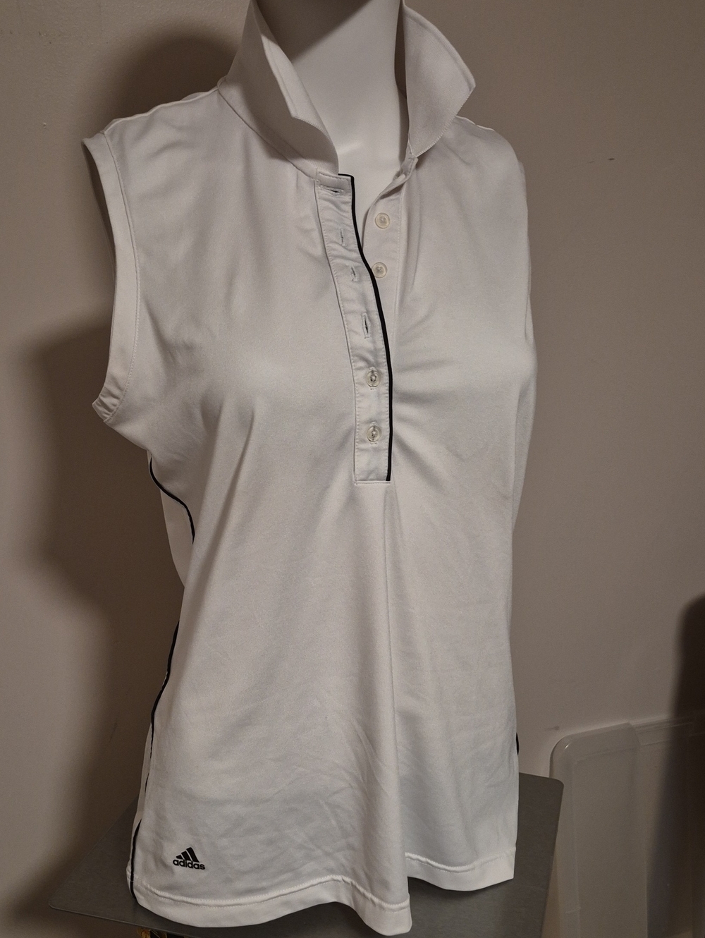 adidas White Sleeveless Polo Tank with Black Trim